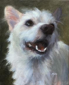 an oil painting of a white dog smiling