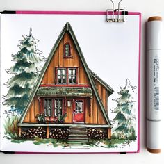 a drawing of a house with trees in the background and a marker next to it