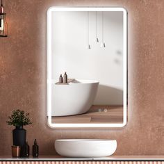 a bathroom with a sink, mirror and potted plant