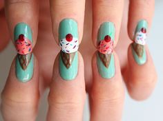 ice cream nails! gonna try this today (: @Chalsie Henry Cream Nail Art, Cherry Nail Art, Ice Cream Nails, Colorful Nail Art, Nail Art Designs Summer, Cream Nails, Ice Cream Cones