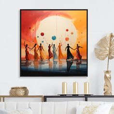 a living room with white couches and paintings on the wall above it is a painting of people holding balloons