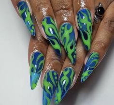 Neon Green And Blue Nails, Blue And Green Nails Designs, Blue Green Nails, Green And Blue Nails, Blue And Green Nails, Green Acrylic Nails, Green Nail Designs, Blue Nail Designs