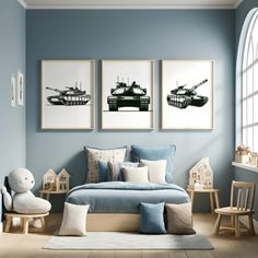 a bedroom with blue walls and two pictures on the wall above the bed are toys