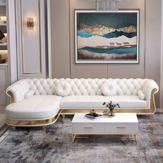 a living room with white couches and a painting on the wall above it's coffee table