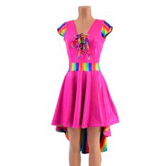 "V neck hi-lo lace-up skater dress Created in Neon pink Sparkly Jewel Rainbow waistband (vertical), cap sleeves, underskirt, and laces Made to order, ships out within five days of purchase Womens Sizing (See below for instructions on where measurements should be taken) XXS: Bust 29\"-30\" / Waist 22\"-23\" / Hips 30\"-32\" Extra Small: Bust 31\"-32\" / Waist 24\"-25\" / Hips 33\"-35\" Small: Bust 33\"-34\" / Waist 26\"-28\" / Hips 36\"-37\" Medium: Bust 35\"-37\" /Waist 28\"-31\" / Hips 38\"-40\ Pink Sparkly, Lace Making, Olive Branch, Large Bust, Rainbow Stripes, Small Bust, Dress Clothes For Women, Skater Dress, High Waisted Shorts