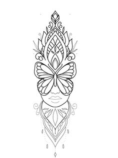 a black and white drawing of a butterfly with intricate designs on it's wings