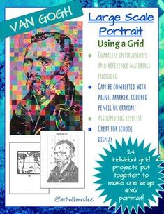 a poster with an image of a man's face and the words, large scale portrait using grids