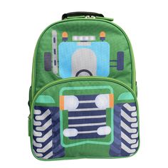 a green backpack with a tractor design on it