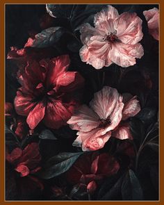 some pink flowers and green leaves on a black background with a brown border around them