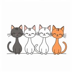 three cats sitting next to each other on a white background