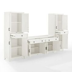 a white cabinet with two open doors and shelves next to each other on a white background