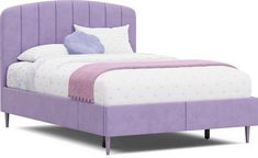 a bed with purple upholstered headboard and foot board is shown in front of a white background