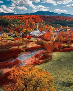 an aerial view of a small town surrounded by trees with autumn foliage in the foreground