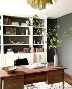 a room with a desk, bookshelf and potted plant