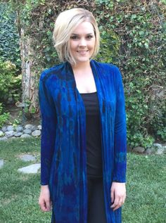 "Long Sweater, Womens Long Cardigan, Maxi Cardigan, Cardigan w/Sleeves, , Ladies Cardigan, Duster, , Tie Dye in shades of Deep Blues, Purples and Black, Deep rich color! The perfect light weight cardigan. The Fabric is 94% Rayon / 5% Spandex It feel soft and luxurious, Comes in S/M only S/M across the upper back 18\", Hips 48\" Length from the top of the shoulder to the bottom 36\" Sleeve Length 23 1/2\" is addition to the back measurements it also has that plus a little in the front. Feels soft Blue Fitted Casual Cardigan, Fitted Long-sleeved Blue Cardigan, Fitted Blue Casual Cardigan, Blue Open Front Outerwear For Fall, Blue Open Front Cardigan For Winter, Fitted Blue Cardigan For Fall, Versatile Blue Outerwear For Layering, Versatile Stretch Blue Outerwear, Versatile Open Front Fitted Outerwear