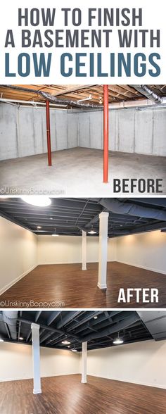 the before and after pictures of an unfinished basement with wood floors, white walls and exposed pipes