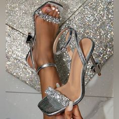 Brand New! - Luxe - Gold Decor - Open Toe - Formal Item Takes 5-8 Business Days To Ship Rhinestone Shoes Heels, Glittery Heels, Kasut Tumit Tinggi, Fancy Sandals, Fake Wedding, Junior Prom, Prom 2020, Casual Pumps, Walking Tall