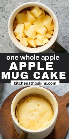 one whole apple mug cake in a white cup and the other half is topped with sliced apples