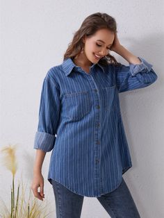 Features: Washed Stretch: No stretch Material composition: 65% cotton, 35% polyester Care instructions: Machine wash cold. Tumble dry low. Imported Size Us Size Top Length Bust Sleeve Length S 4 29.9 40.9 24 M 6/8 30.3 42.5 24.4 L 10/12 30.7 44.9 24.8 XL 14 31.1 47.2 25.2 Denim Cotton, Luxury Fabrics, Denim Shirt, Cotton Shirt, Shirts Tops, Fashion Forward, Button Up, Rompers, Relaxed Fit