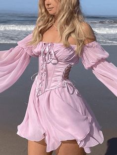 Fairy Grunge Princesscore Dress Set with Optional Top Long Sleeve Corset Mini Dress - AnotherChill Chiffon Tunic Dress, Beach White Dress, Corsets Vintage, Fest Outfits, Dress With Corset, Pink Corset, Flare Sleeve Dress, Chiffon Mini Dress, Corset Mini Dress