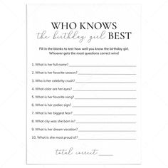 a printable question card with the words who knows the birthday girl? on it