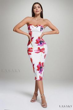 Lasaky - Danni Floral Print Midi Dress for Effortless Elegance White Strapless Floral Print Midi Dress, White Strapless Floral Midi Dress, Strapless White Floral Print Midi Dress, Strapless Floral Print Fitted Bodycon Dress, Strapless Fitted Floral Print Bodycon Dress, Spring Midi Dress With Stretch And Sweetheart Neckline, Spring Midi Dress With Sweetheart Neckline And Stretch, Floral Print Midi Dress With Sweetheart Neckline For Parties, Strapless Sleeveless Floral Print Party Dress