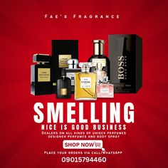 an advertisement for the perfume brand smellinging is shown in red and black colors