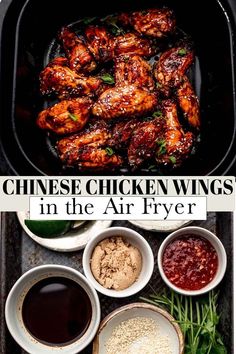 chicken wings in the air fryer with dipping sauces and other ingredients to make them