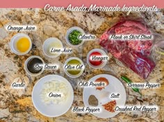 the ingredients to make corned beef marinade in small bowls on a granite countertop