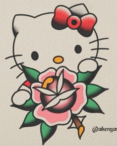 a drawing of a hello kitty holding a rose