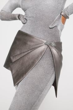 Metallic Asymmetric Mini Skirt – BRIELLE Metallic Skirt Outfit, Futuristic Aesthetic, Silver Skirt, Taupe Grey, Wrap Mini Skirt, Metallic Skirt, Draped Skirt, Miniskirt Outfits, Metal Fashion