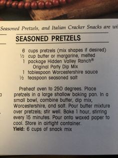 a recipe for seasoned pretzels on a table