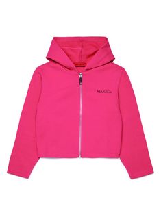 fuchsia pink cotton jersey texture logo print at the chest slouchy hood front zip fastening long sleeves straight hem Pink Zip Hoodie, Casual Pink Hoodie With Logo Detail, Hot Pink Zip Up Hoodie, Pink Long Sleeve Nylon Hooded Jacket, Hor Pink Hoodies Roddler, Dress With Jean Jacket, Baby Boy Accessories, Max Co, Dolce And Gabbana Kids