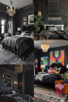 the bedroom is decorated in black and white with lots of colorful decorations on the walls