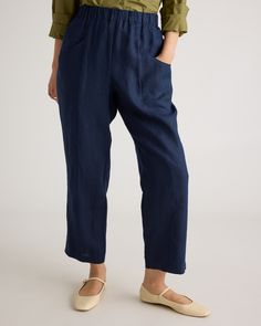 Whether you're heading to the office, out for brunch with friends, or lounging at home, the 100% European Linen Tapered Ankle Pants is the perfect choice. Made from high-quality sustainability grown linen, these pants are lightweight, breathable, and oh-so-comfortable. The tapered design flatters your figure and elongates your legs, creating a slimming effect that is both stylish and flattering. The pants are versatile enough to be paired with anything from a basic tee to a dressy blouse, making Effortless Relaxed Fit Tapered Leg Pants, Solid Relaxed Fit Tapered Leg Bottoms, Workwear Cropped Leg Capris With Elastic Waistband, Workwear Capris With Elastic Waistband And Cropped Leg, Effortless Pants With Loosely Fitted Hips And Tapered Leg, Relaxed Ankle-length Work Pants, Effortless Workwear Bottoms With Elastic Waistband, Effortless Workwear Pants With Pockets, Effortless Bottoms With Elastic Waistband For Work