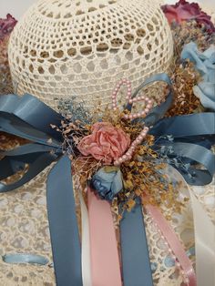 "Amazing vintage starched crocheted decorative hat. This beauty has so many details added to it. It is decorated with gorgeous pink pearls shaped into hearts, pink and blue flowers, babys breath, and blue ribbon. One of a kind piece. Ready for use or display. Approx. 16\"D X 5.75\"D in the opening for head X 3.5 - 3.75\"H PLEASE LOOK AT ALL PICTURES. PLEASE take advantage of the ZOOM feature to enhance the areas for better details. Please message me with any questions, I want you to be happy wit Handmade Pink Mini Hat For The Beach, Handmade Pink Mini Hat For Beach, Whimsical Handmade Pink Crochet Hat, Handmade Pink Flower Hat, Whimsical Pink Handmade Crochet Hat, Pink Handmade Flower Hat, Adjustable Hats With Handmade Flowers For Gifts, Adjustable Hats With Handmade Flowers As Gift, Adjustable Hat With Handmade Flowers As Gift