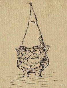 an ink drawing of a troll hanging upside down