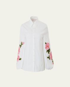 Carolina Herrera blouse with floral embroidery    Point collar; button front    Long Sleeves; button cuffs    Relaxed fit    Back yoke    Cotton/polyurethane    Imported Long Sleeve Tops With Embroidered Cuffs For Work, Designer Embroidered Collared Tops, Designer Button-up Tops For Spring, Formal Long Sleeve Tops With Embroidered Cuffs, Formal Fitted Tops With Embroidered Cuffs, Collared Tops With Embroidered Cuffs For Work, Chic Long Sleeve Blouse With Embroidered Cuffs, Designer Long Sleeve Spring Blouse, Elegant Embroidered Sleeve Top For Work