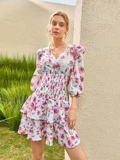 Multicolor Boho Collar Three Quarter Length Sleeve Fabric Floral,All Over Print A Line Embellished Non-Stretch Spring/Summer Women Clothing Corduroy Dress, Short Dresses Casual, Ruffle Hem Dress, Dress For Short Women, Hem Dress, Lantern Sleeves, Smock Dress, Ruffle Hem, Long Sleeve Casual