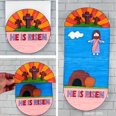 this is an image of a paper cutout with jesus and the word he is risen