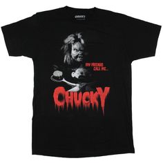 a black t - shirt with the words chucky on it