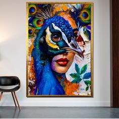 a peacock with feathers on it's head in front of a wall mounted painting