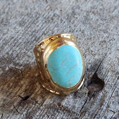 18k over brass, size 7, Authentic Turquoise Adjustable Gold Oval Turquoise Ring, Adjustable Gold Turquoise Ring With Oval Shape, Gold Bohemian Turquoise Open Ring, Bohemian Gold Turquoise Open Ring, Bohemian Gold Rings With Large Stone, Gold Turquoise Ring With Large Stone As Gift, Durham, Turquoise Ring, Statement Rings