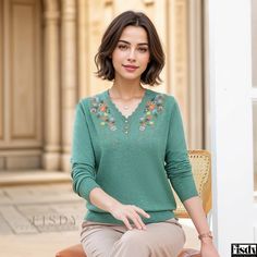 Fisdy - Embroidered Long Sleeve Base Shirt - Lightweight Casual Wear Women, Wear Green, Base Layer, Green Color, Green Colors, Short Sleeves Tops, Sleeve Blouse, Casual Wear, Long Sleeve Tops