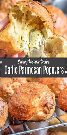 garlic parmesan popovers in muffin tins with text overlay reading savory pepper recipe garlic parmesan popovers