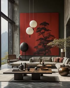 a living room filled with furniture next to a large painting hanging on the side of a wall