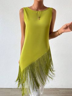 Plain Crew Neck Urban Tassel Tank Top | stylewe Chic Fringe Tank Top For Summer, Spring Party Tank Top With Fringe, Spring Sleeveless Top With Tassels, Summer Tank Top With Tassels, Summer Party Tops With Tassels, Chic Sleeveless Tassel Tops, Chic Sleeveless Top With Tassels, Sleeveless Party Tank Top With Fringe, Sleeveless Fringe Tank Top For Party