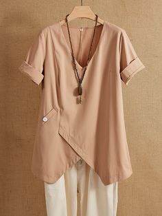 Khaki V-neck Solid with Pockets Casual Short Sleeve Blouse Beige V-neck Solid Color Blouse, Beige V-neck Solid Blouse, Beige V-neck Blouse Solid Color, Beige Solid Color V-neck Top, Beige V-neck Blouse, Half Sleeve Shirts Women, Cheap Womens Tops, Stand Collar Blouse, Denim Short Jumpsuit