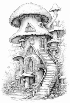 a drawing of a mushroom house with stairs leading up to it