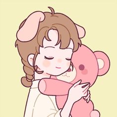 a girl hugging a pink teddy bear with her face close to her chest and eyes closed